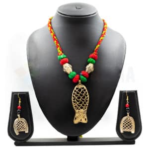 Dhokra  Necklace - Fish Pendant with earrings - Colorful Dori