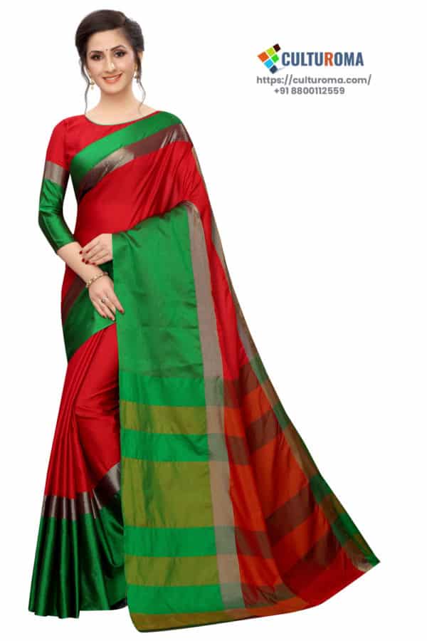 Cotton Silk - Saree in Red Green