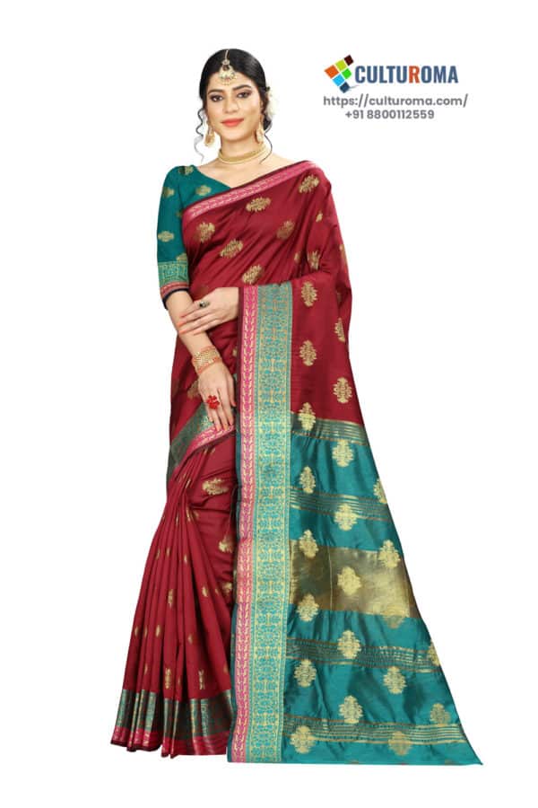 Banarasi Silk - Pure Banarasi Silk Contrast Pallu And Contrast Blouse in Maroon