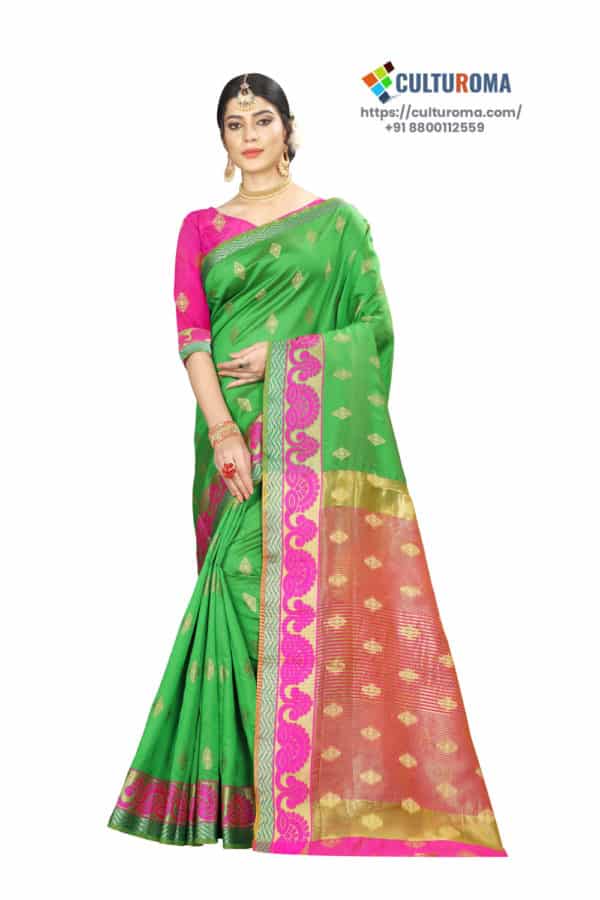 Banarasi Silk - Pure Banarasi Silk Contrast Pallu And Contrast Blouse in Green