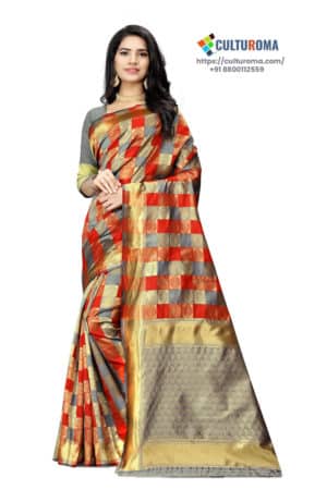 JACQUARD Silk - Saree With rich Pallu And Running Matching Blouse in Red and Golden