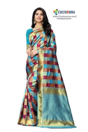 JACQUARD Silk - Saree With rich Pallu And Running Matching Blouse in Cyan and Maroon