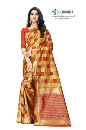 JACQUARD Silk - Saree With rich Pallu And Running Matching Blouse in Red and Yellow