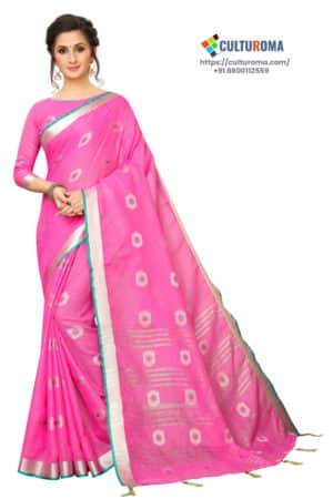 Linen Cotton - Contrast Pallu With Zari Butta With All Over Silver Zari Jecard Bottom Border in Pink