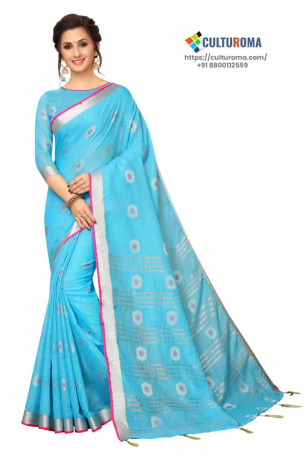 Linen Cotton - Contrast Pallu With Zari Butta With All Over Silver Zari Jecard Bottom Border in Sky Blue