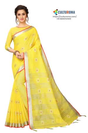 Linen Cotton - Contrast Pallu With Zari Butta With All Over Silver Zari Jecard Bottom Border in Yellow