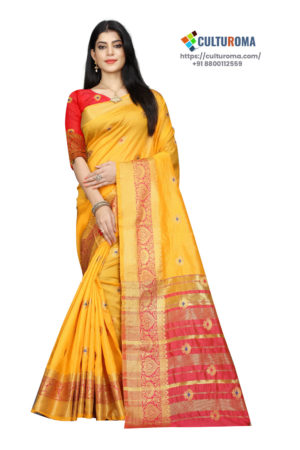 Cotton - South Cotton Contrast Pallu Contrast Matching Blouse With Jecard Buta in Yellow