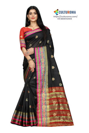 Cotton - South Cotton Contrast Pallu Contrast Matching Blouse With Jecard Buta in Black