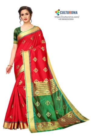 BANARASI SILK - Pure Banarasi Silk Contrast Pallu Contrast Blouse RED