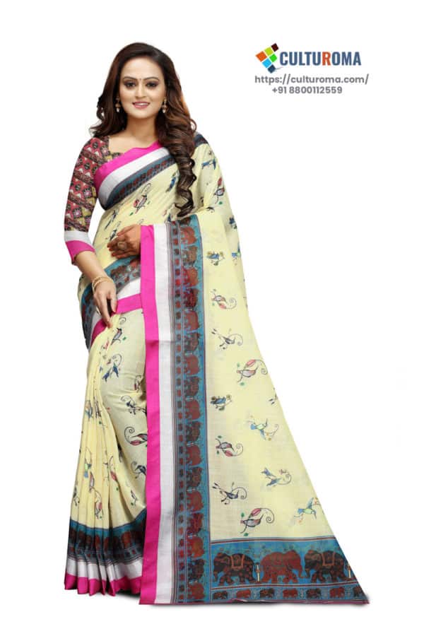Are you looking for exclusive sarees, Then this is the place at our website, explore and find your desired clothing items. About this Pure Linen saree Pure linen Printed Reach Pallu And Matching Blouse Fabrics: Pure linen Symbolism of Pure Linen Saree History of Sari-like drapery is traced back to the Sindh region of the Indus Valley Civilisation, which flourished during 2800–1800 BCE around the northwestern part of the Indian subcontinent, present day Pakistan.Cotton was first cultivated and woven in Indian subcontinent around 5th millennium BCE. Dyes used during this period are still in use, particularly indigo, lac, red madder and turmeric Silk was woven around 2450 BCE and 2000 BCE. The word sari evolved from śāṭikā (Sanskrit: शाटिका) mentioned in earliest Hindu literature as women's attire The sari or śāṭikā evolved from a three-piece ensemble comprising the antarīya, the lower garment; the uttarīya; a veil worn over the shoulder or the head; and the stanapatta, a chestband. This ensemble is mentioned in Sanskrit literature and Buddhist Pali literature during the 6th century BCE. This complete three-piece dress was known as poshak, generic term for costume. Ancient antariya closely resembled the dhoti wrap in the "fishtail" version which was passed through legs, covered the legs loosely and then flowed into a long, decorative pleats at front of the legsIt further evolved into Bhairnivasani skirt, today known as ghagri and lehenga. Uttariya was a shawl-like veil worn over the shoulder or head, it evolved into what is known today known as dupatta and ghoonghat. Likewise, the stanapaṭṭa evolved into the choli by the 1st century CE. The ancient Sanskrit work, Kadambari by Banabhatta and ancient Tamil poetry, such as the Silappadhikaram, describes women in exquisite drapery or sari. In ancient India, although women wore saris that bared the midriff, the Dharmasastra writers stated that women should be dressed such that the navel would never become visible. By which for some time the navel exposure became a taboo and the navel was concealed. In ancient Indian tradition and the Natya Shastra (an ancient Indian treatise describing ancient dance and costumes), the navel of the Supreme Being is considered to be the source of life and creativity, hence the midriff is to be left bare by the sari. It is generally accepted that wrapped sari-like garments for lower body and sometimes shawls or scarf like garment called 'uttariya' for upper body, have been worn by Indian women for a long time, and that they have been worn in their current form for hundreds of years. In ancient couture the lower garment was called 'nivi' or 'nivi bandha', while the upper body was mostly left bare The works of Kalidasa mention the kūrpāsaka, a form of tight fitting breast band that simply covered the breasts. It was also sometimes referred to as an uttarāsaṅga or stanapaṭṭa Poetic references from works like Silappadikaram indicate that during the Sangam period in ancient Tamil Nadu in southern India, a single piece of clothing served as both lower garment and head covering, leaving the midriff completely uncovered. Similar styles of the sari are recorded paintings by Raja Ravi Varma in Kerala. Numerous sources say that everyday costume in ancient India until recent times in Kerala consisted of a pleated dhoti or (sarong) wrap, combined with a breast band called kūrpāsaka or stanapaṭṭa and occasionally a wrap called uttarīya that could at times be used to cover the upper body or head. The two-piece Kerala mundum neryathum (mundu, a dhoti or sarong, neryath, a shawl, in Malayalam) is a survival of ancient clothing styles. The one-piece sari in Kerala is derived from neighbouring Tamil Nadu or Deccan during medieval period based on its appearance on various temple murals in medieval Kerala. Early Sanskrit literature has a wide vocabulary of terms for the veiling used by women, such as Avagunthana (oguntheti/oguṇthikā), meaning cloak-veil, Uttariya meaning shoulder-veil, Mukha-pata meaning face-veil and Sirovas-tra meaning head-veil.In the Pratimānātaka, a play by Bhāsa describes in context of Avagunthana veil that "ladies may be seen without any blame (for the parties concerned) in a religious session, in marriage festivities, during a calamity and in a forest". The same sentiment is more generically expressed in later Sanskrit literature. Śūdraka, the author of Mṛcchakatika set in fifth century BCE says that the Avagaunthaha was not used by women everyday and at every time. He says that a married lady was expected to put on a veil while moving in the public. This may indicate that it was not necessary for unmarried females to put on a veil. This form of veiling by married women is still prevalent in Hindi-speaking areas, and is known as ghoonghat where the loose end of a sari is pulled over the head to act as a facial veil. Based on sculptures and paintings, tight bodices or cholis are believed have evolved between the 2nd century BCE to 6th century CE in various regional styles. Early cholis were front covering tied at the back; this style was more common in parts of ancient northern India. This ancient form of bodice or choli are still common in the state of Rajasthan today. Varies styles of decorative traditional embroidery like gota patti, mochi, pakko, kharak, suf, kathi, phulkari and gamthi are done on cholis. In Southern parts of India, choli is known as ravikie which is tied at the front instead of back, kasuti is traditional form of embroidery used for cholis in this region. In Nepal, choli is known as cholo or chaubandi cholo and is traditionally tied at the front. Red is most favoured colour for wedding saris and are traditional garment choice for brides in Indian culture. Women traditionally wore various types of regional handloom saris made of silk, cotton, ikkat, block-print, embroidery and tie-dye textiles. Most sought after brocade silk saris are Banasari, Kanchipuram, Gadwal, Paithani, Mysore, Uppada, Bagalpuri, Balchuri, Maheshwari, Chanderi, Mekhela, Ghicha, Narayan pet and Eri etc. are traditionally worn for festive and formal occasions. Silk Ikat and cotton saris known as Patola, Pochampally, Bomkai, Khandua, Sambalpuri, Gadwal, Berhampuri, Bargarh, Jamdani, Tant, Mangalagiri, Guntur, Narayan pet, Chanderi, Maheshwari, Nuapatn, Tussar, Ilkal, Kotpad and Manipuri were worn for both festive and everyday attire. Tie-dyed and block-print saris known as Bandhani, Leheria/Leheriya, Bagru, Ajrakh, Sungudi, Kota Dabu/Dabu print, Bagh and Kalamkari were traditionally worn during monsoon season. Gota Patti is popular form of traditional embroidery used on saris for formal occasions, various other types of traditional folk embroidery such mochi, pakko, kharak, suf, kathi, phulkari and gamthi are also commonly used for both informal and formal occasion. Today, modern fabrics like polyester, georgette and charmeuse are also commonly used. There are many similar products like Butta Saree explore more from the link below Explore all our Pure Linen Saree
