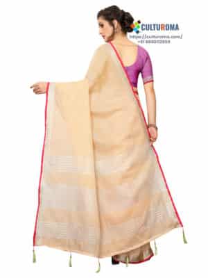 Pure Heavy Linen Cotton Silver Lining Pallu And Contrast Blouse