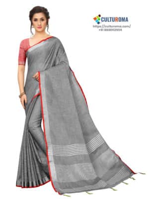 LINEN COTTON - Silver Lining Pallu And Contrast Blouse in GRAY