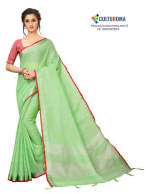 LINEN COTTON - Silver Lining Pallu And Contrast Blouse in GREEN
