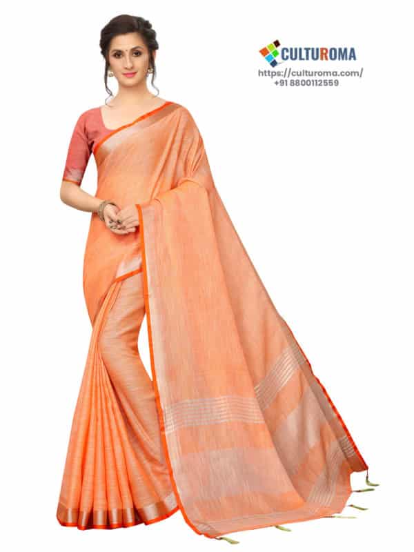 LINEN COTTON - Silver Lining Pallu And Contrast Blouse in ORANGE