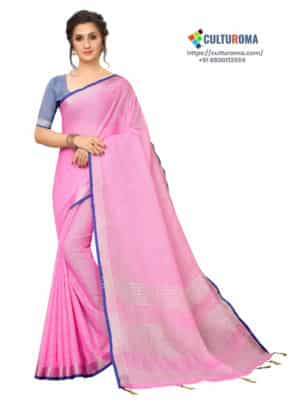 LINEN COTTON - Silver Lining Pallu And Contrast Blouse in PINK saree
