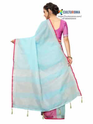 Pure Heavy Linen Cotton Silver Lining Pallu And Contrast Blouse