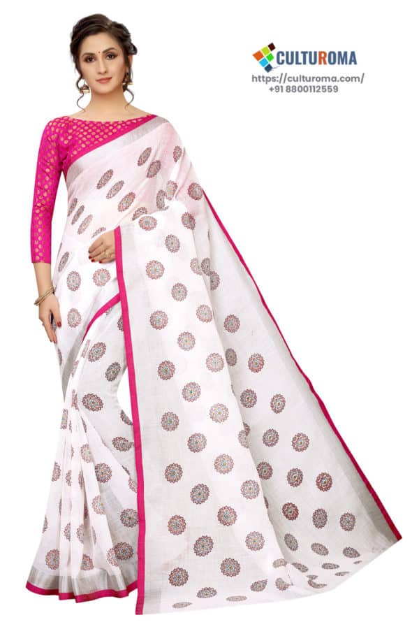 WHITE BUTTA - White Linen Cotton with Pink Border Saree